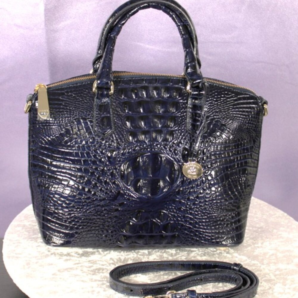 Brahmin Croc Embossed Leather Satchel Navy Melbourne Dome Bag w/ Strap & Dust Ba - Picture 2 of 16